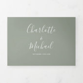 Elegant Sage Green Script Monogram Weddenschap Drieluik Uitnodiging (Cover)