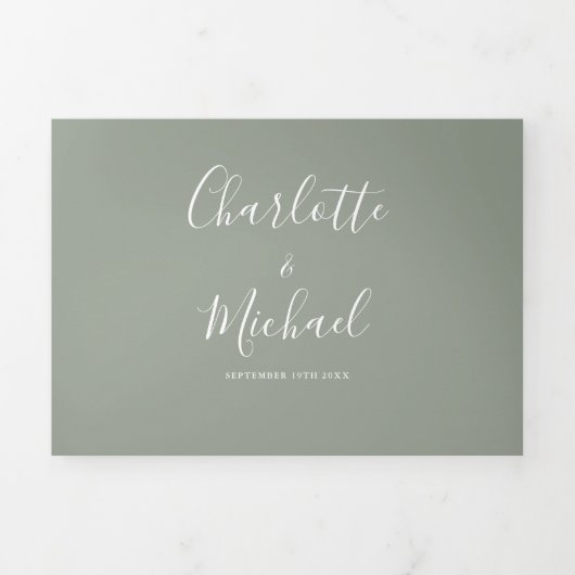 Elegant Sage Green Script Monogram Weddenschap Drieluik Uitnodiging (Cover)