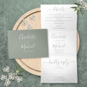 Elegant Sage Green Script Monogram Weddenschap Drieluik Uitnodiging