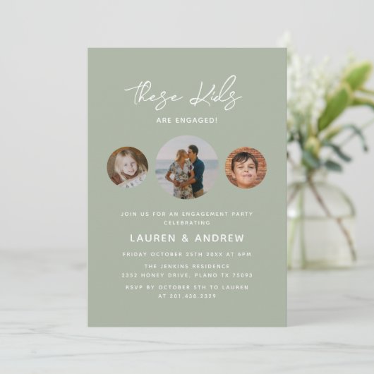 Elegant Sage Green Script Photo Engagement Party Kaart (Staand voorkant)