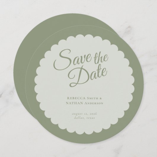 Elegant Sage Green Script Scallop Weddenschap Save The Date (Voorkant / Achterkant)