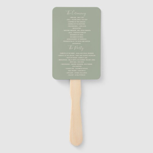 Elegant Sage Green Script Wedding Program Handwaaier (Achterkant)