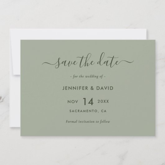 Elegant Sage Green Script Wedding Save The Date (Voorkant)