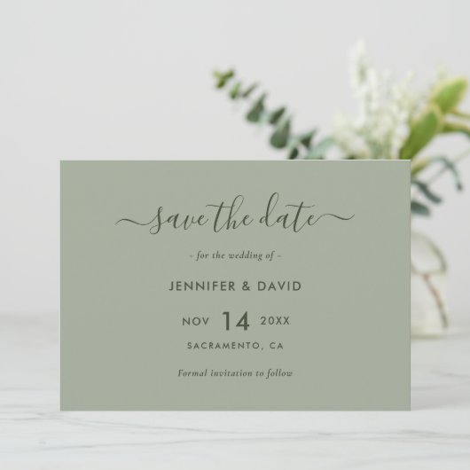 Elegant Sage Green Script Wedding Save The Date (Staand voorkant)