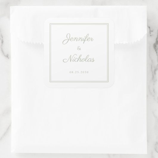 Elegant Sage Green Script Wedding Vierkante Sticker (Tas)