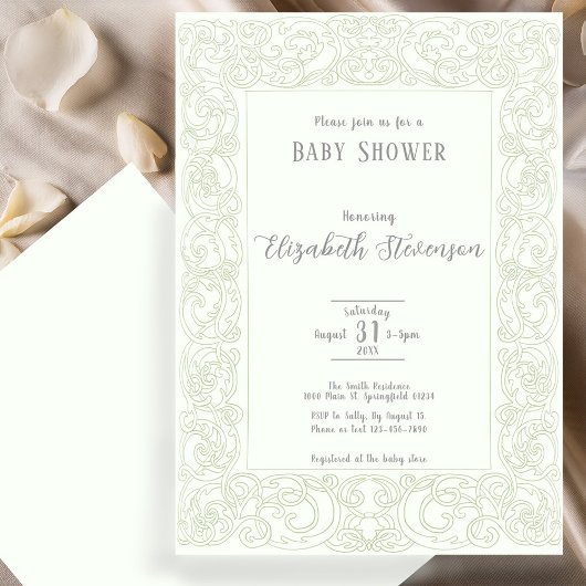 Elegant Sage Green Scrollwork Baby Shower  Kaart