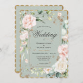 Elegant Sage Green Shimmer Gold Wedding Invitation Kaart (Voorkant / Achterkant)