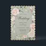 Elegant Sage Green Shimmer Gold Wedding Invitation Kaart<br><div class="desc">Luxueus goud heeft sage groen gemaakt met perzikbloemen. We hebben een champagne shimmer papier gekozen voor dit gescalloped ontwerp. Als je romance wilt, is deze uitnodiging perfect. Zo chic en geraffineerd. Zo'n elegante trouwuitnodiging. Ik heb genoten van het creëren van dit ontwerp voor u. Zazzle garandeert 100% klantenservice en tevredenheid....</div>