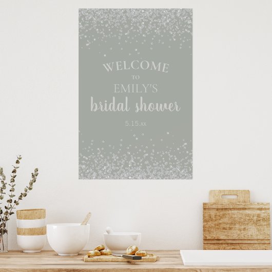 Elegant Sage Green Silver Confetti Vrijgezellenfee Poster (Keuken)