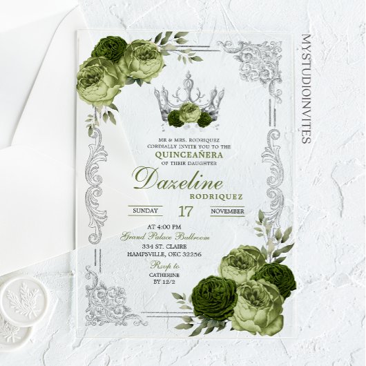 Elegant Sage Green Silver Crown Quinceanera Acryl Uitnodigingen