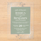 Elegant Sage Green & Silver Stylish Text Wedding Acryl Uitnodigingen (Voorkant)