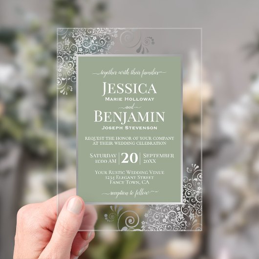 Elegant Sage Green & Silver Stylish Text Wedding Acryl Uitnodigingen