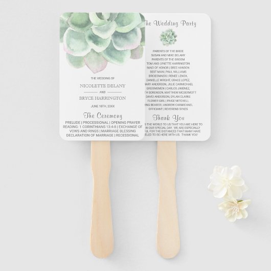 Elegant Sage Green Succulent Wedding Programme Handwaaier (Voorkant en achterkant)
