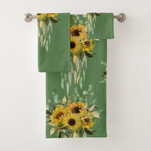 ELEGANT SAGE GREEN SUNFLOWER BATHROOM TOWEL SET BAD HANDDOEK (Insitu)