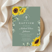 Elegant Sage Green Sunflower Cross Baptisme Kaart