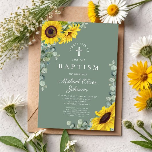 Elegant Sage Green Sunflower Cross Baptisme Kaart