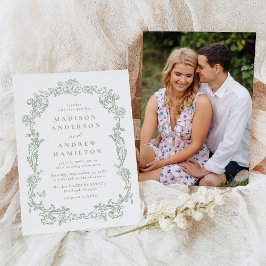 Elegant Sage Green Victorian Floral Photo Wedding Kaart