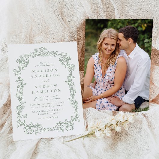 Elegant Sage Green Victorian Floral Photo Wedding Kaart