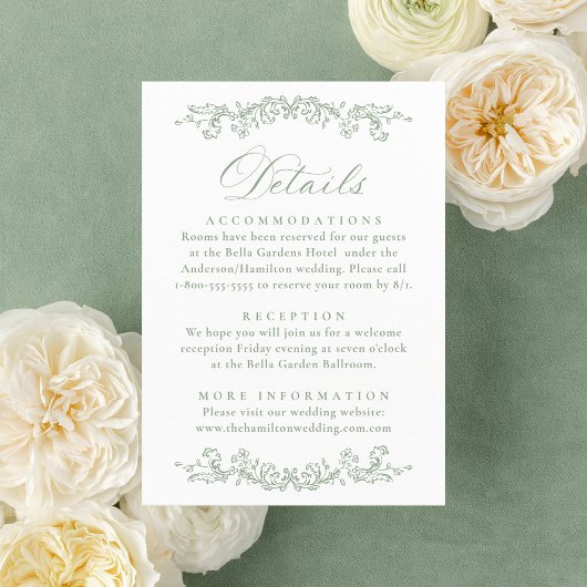 Elegant Sage Green Victorian Floral Wedding Detail Informatiekaartje