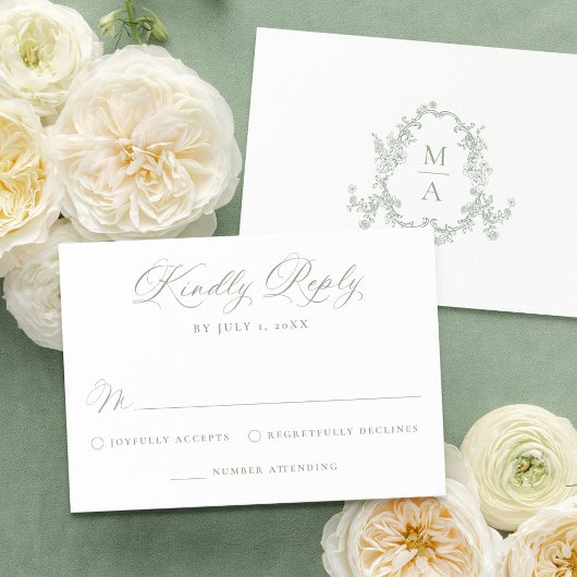 Elegant Sage Green Victorian Floral Wedding RSVP Kaartje