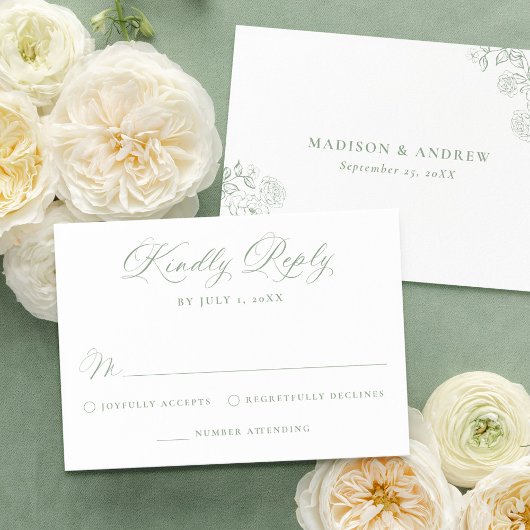 Elegant Sage Green Victorian Floral Wedding RSVP Kaartje