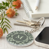 Elegant Sage Green Vintage Floral Monogram Sleutelhanger (Voorkant Rechts)