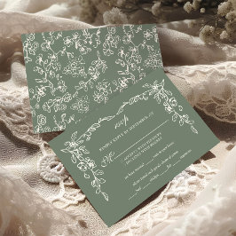 Elegant Sage Green Vintage Floral Wedding RSVP Kaartje