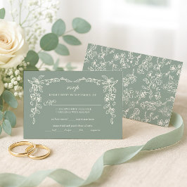 Elegant Sage Green Vintage Floral Wedding RSVP Kaartje