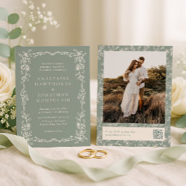 Elegant Sage Green Vintage Photo Wedding Kaart