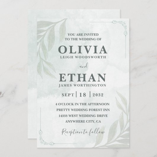 Elegant Sage Green Watercolor Foliage Wedding  Kaart (Voorkant / Achterkant)
