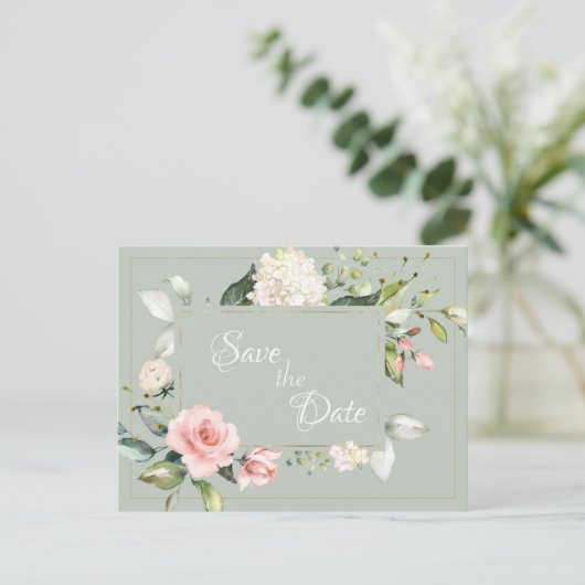 Elegant Sage Green Waterverf Floral Wedding Briefkaart (Staand voorkant)