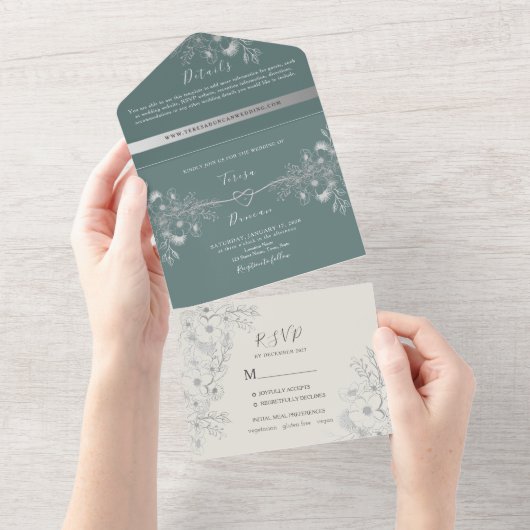 Elegant Sage Green Wedding All In One Uitnodiging (Afscheurbaar)