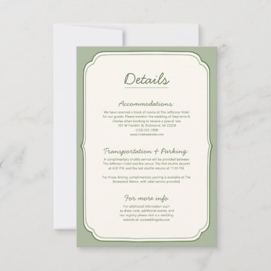 Elegant Sage Green Wedding Details Card  (Voorkant)