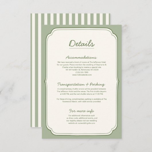 Elegant Sage Green Wedding Details Card  (Voorkant / Achterkant)