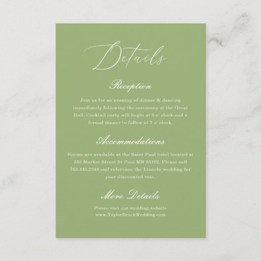 Elegant Sage Green Wedding Details Informatiekaartje (Voorkant)