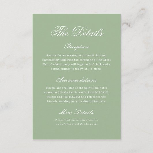 Elegant Sage Green Wedding Details Tradition Informatiekaartje (Voorkant)