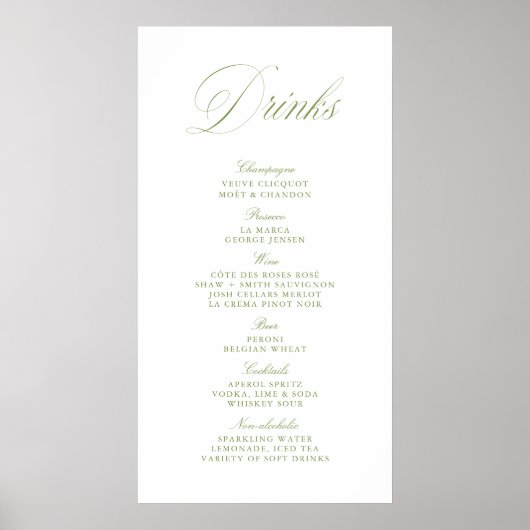 Elegant Sage Green Wedding Drinks Bar Menu Banner Poster (Voorkant)