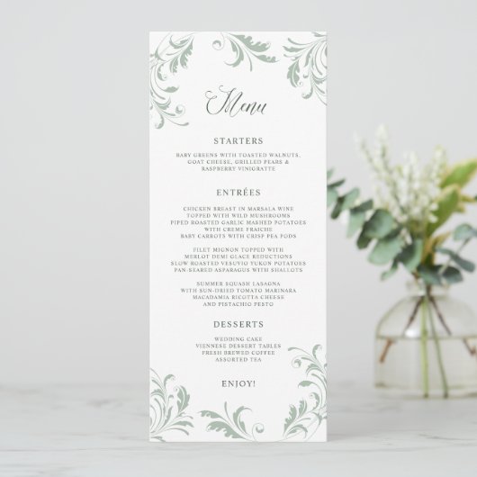 Elegant Sage Green Wedding Flourish Menu (Staand voorkant)