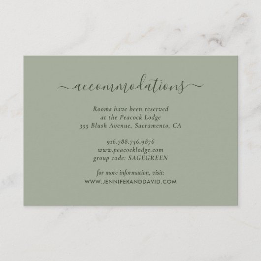 Elegant Sage Green Wedding Hotel Accommodatie Informatiekaartje (Voorkant)