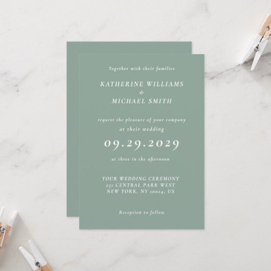 Elegant Sage Green Wedding Invitations Kaart (Voorkant / Achterkant in situ)