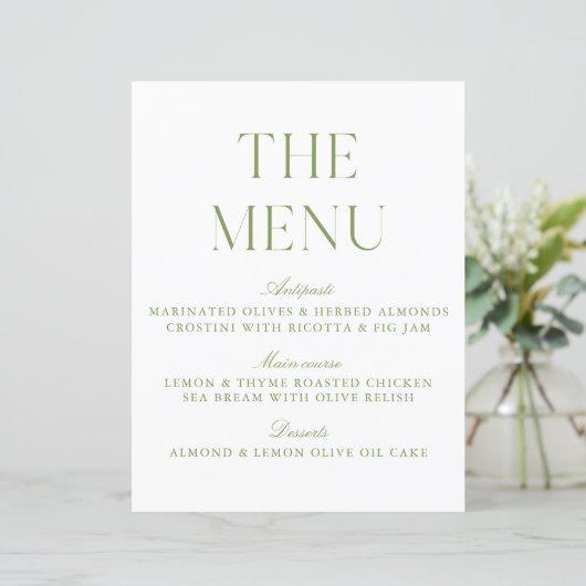 Elegant Sage Green Wedding Menu Sign (Staand voorkant)