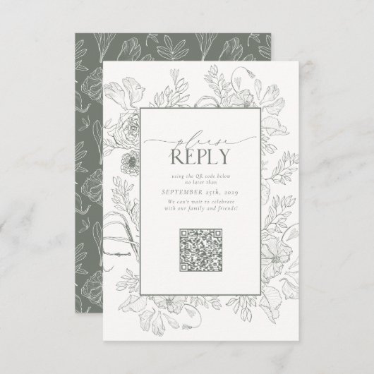 Elegant Sage Green Wedding QR Code Gelieve te antw RSVP Kaartje (Voorkant / Achterkant)
