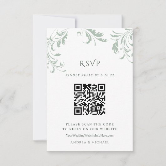 Elegant Sage Green Wedding QR Code Reply Online RSVP Kaartje (Voorkant)