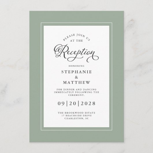 Elegant Sage Green Wedding Reception Chic Borders Informatiekaartje (Voorkant)
