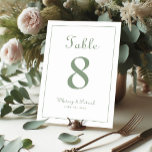 Elegant Sage Green Wedding Reception Formele Dinne Kaart<br><div class="desc">Bruiloft Tafel Nummer tafelblad decor event party sign ontwerp beschikt over een klassieke elegantie met hedendaagse chique salie groen op een klassieke witte achtergrond. Personaliseer het ontwerp van de huwelijkstafel met jouw naam, huwelijksdatum en lijstaantal in trendy belettering en script. De achterkant van de kaart is een duplicaat van de...</div>