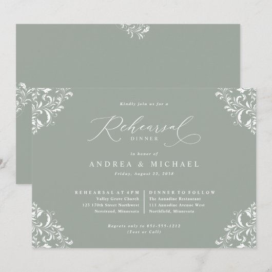 Elegant Sage Green Wedding Rehearsal Dinner Kaart (Voorkant / Achterkant)