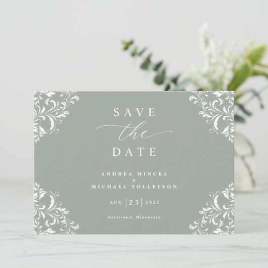 Elegant Sage Green Wedding Save the Date Cards (Staand voorkant)