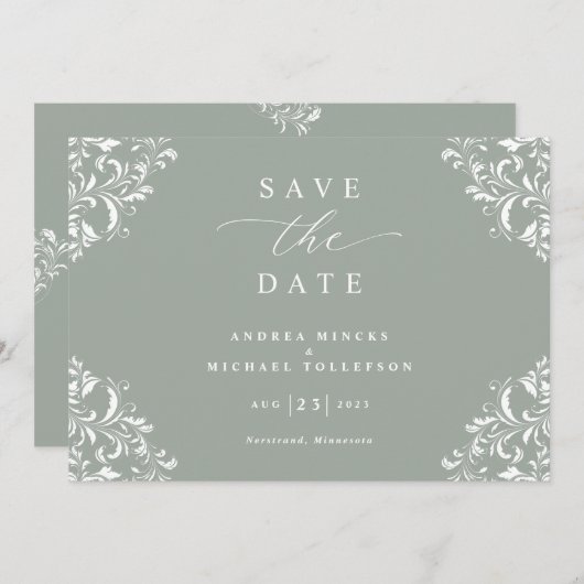 Elegant Sage Green Wedding Save the Date Cards (Voorkant / Achterkant)