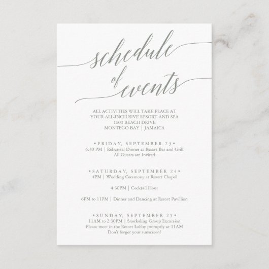 Elegant Sage Green Wedding Schedule of Events Informatiekaartje (Voorkant)