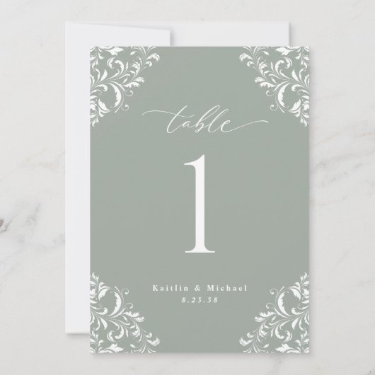 Elegant Sage Green Wedding Table Numbers Cards Kaart (Achterkant)